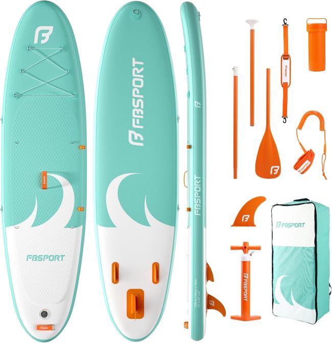 FBSPORT 11' premium stand up paddle board with wide stance, yoga-friendly, non-slip deck, leash, paddle, and carry bag
