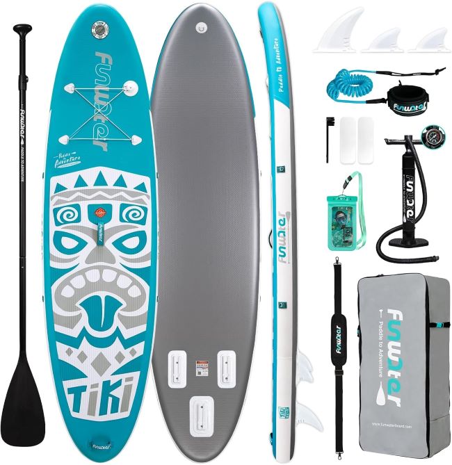 FunWater inflatable paddle boards 8'/10'/10'6"/11'6" with wide stable non-slip EVA deck and SUP accessories for adults and youth