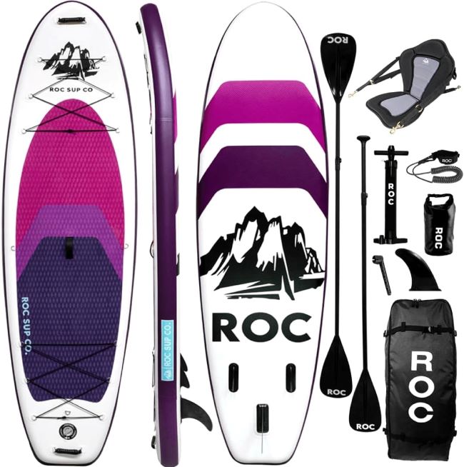 Roc 10'6" inflatable paddle board with wide stable design, non-slip comfort deck and premium SUP accessories