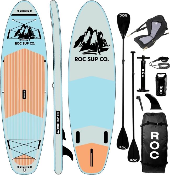 Roc inflatable stand up paddle board with wide stable design, non-slip deck, and premium SUP accessories for youth and adults