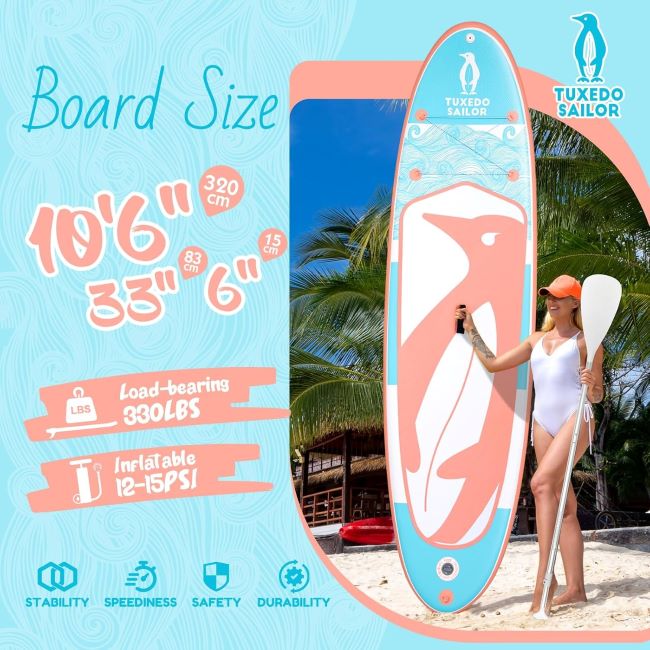 Tuxedo Sailor 10'6"×33"×6" inflatable stand up paddle board with premium SUP accessories for youth and adults