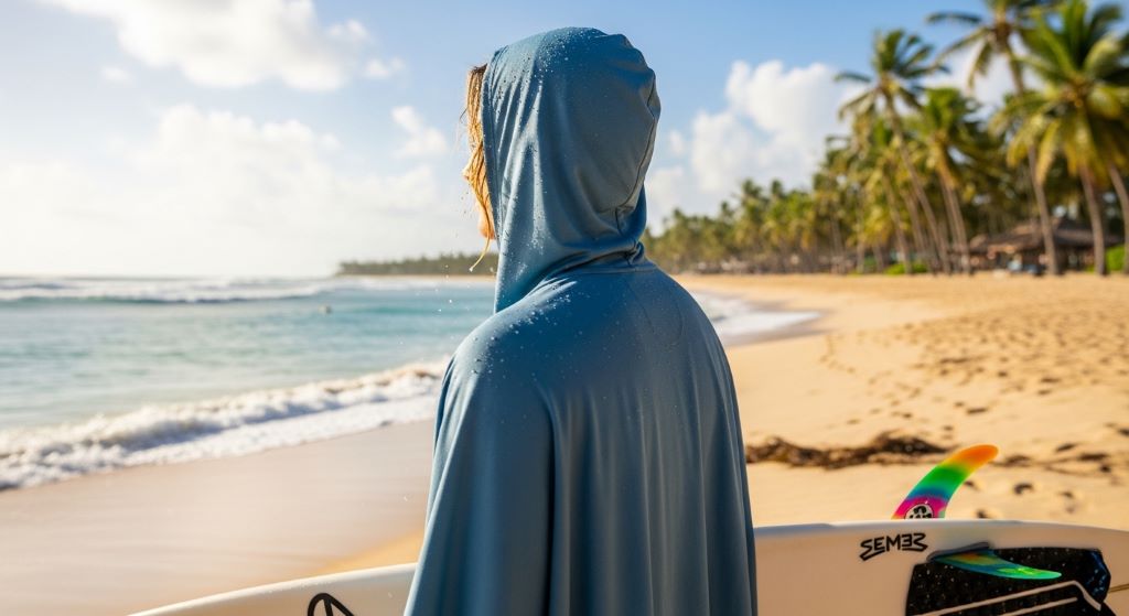 Surfer wearing a lightweight microfiber poncho on a sunny tropical beach