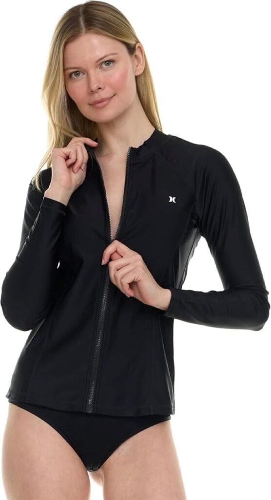 Hurley women’s full zip rash guard swim shirt with UPF 50+ sun protection for surfing and beach wear