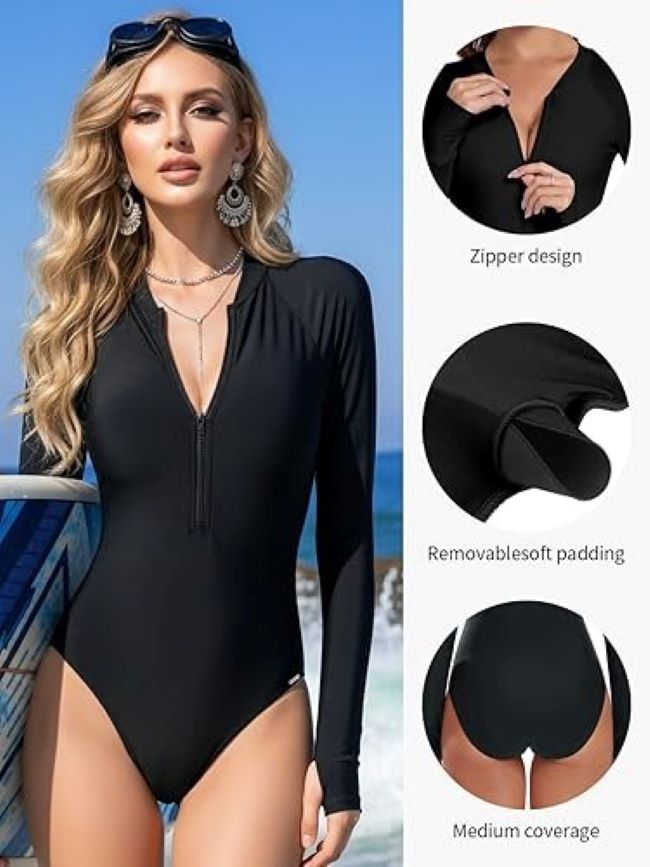 RELLECIGA women’s one-piece long sleeve rash guard swimsuit with UV protection for surfing