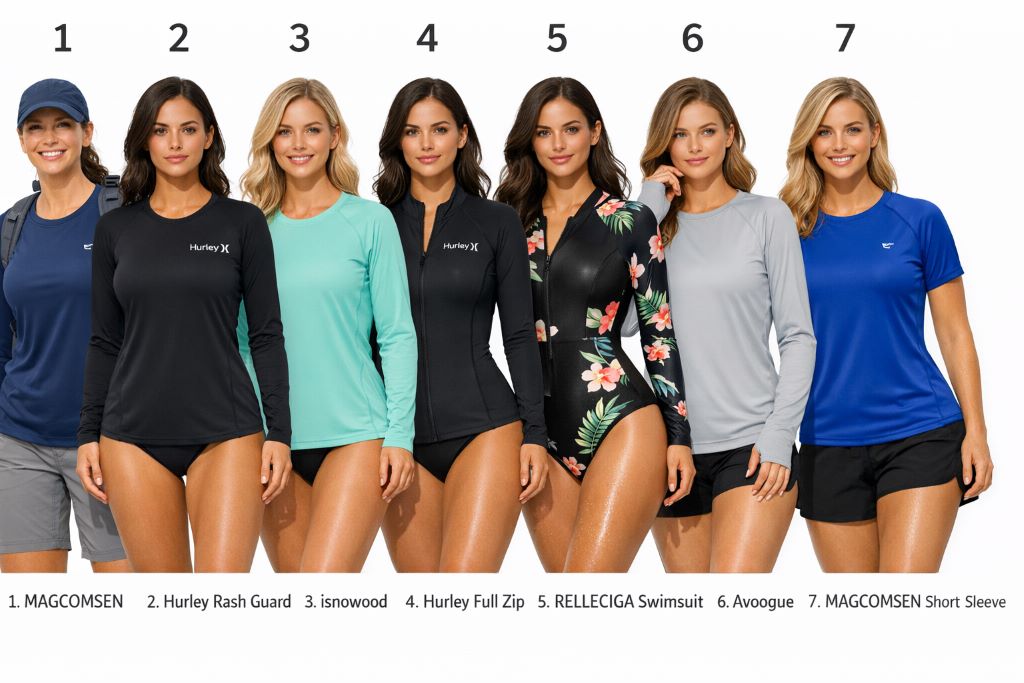 Best affordable women’s UPF 50+ sun protection T-shirts and rash guards for staying cool during outdoor activities
