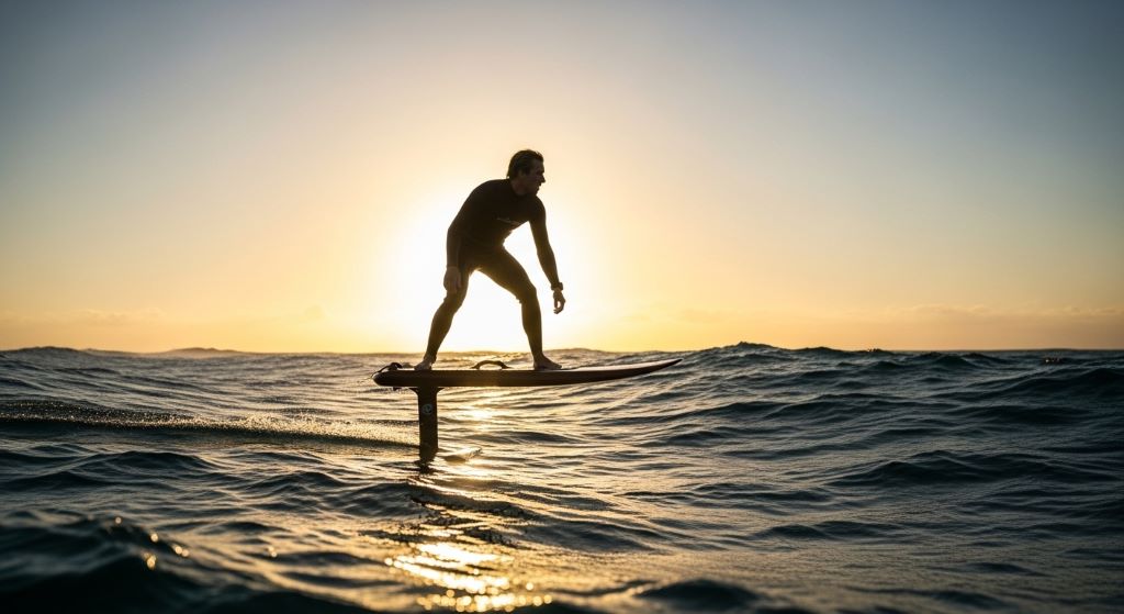 A foil surfer maintaining balance above the ocean water using proper hydrofoil stance technique