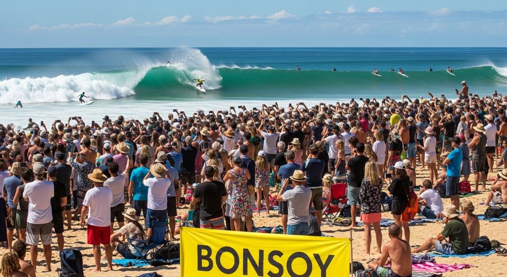Crowd of spectators watching professional surfers compete at the Bonsoy Gold Coast Pro on a sunny Queensland beach
