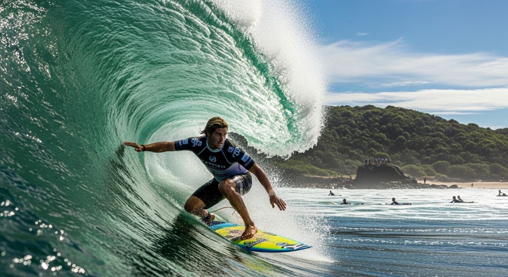 Surfer riding a powerful barrel wave at Snapper Rocks during the Bonsoy Gold Coast Pro competition in Australia