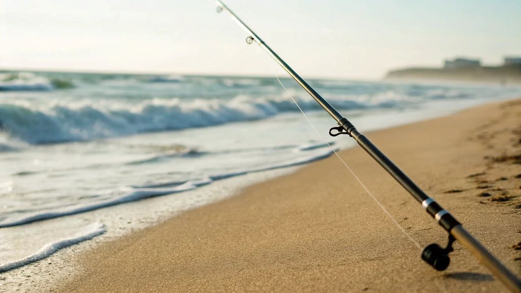 Angler casting a fishing rod on the beach during surf fishing
