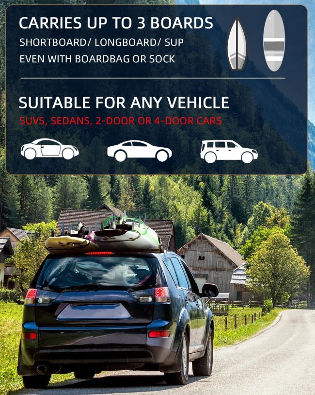Abahub soft roof rack pads with tie-down straps and ropes for safely transporting surfboards, kayaks, and canoes on vehicles