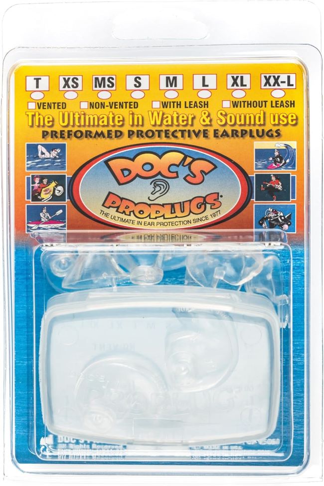 Doc’s Proplugs vented reusable ear plugs with multiple sizes for surfing, swimming, diving, and water protection