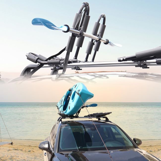 FORWODE premium folding J-bar kayak roof rack system for carrying kayaks, canoes, and surfboards on SUVs and trucks