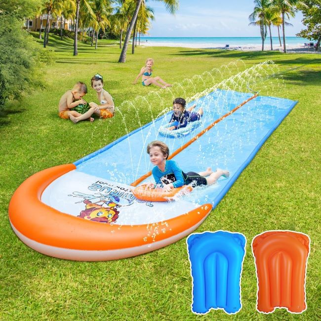 GIAKAN 22.5ft double lane water slide with inflatable bodyboards for racing, backyard summer splash activities