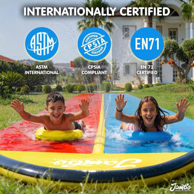 JAMBO 22.5ft double lane slip and slide with two bodyboards and sprinkler system for outdoor backyard water play