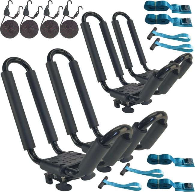 Mrhardware heavy-duty J-bar kayak roof rack with ratchet tie-down system for secure transport on car roof crossbars