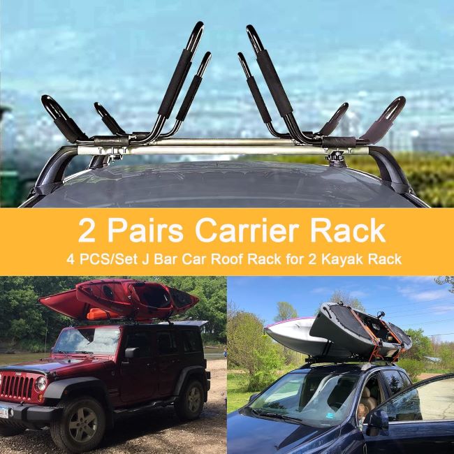 PIRIPARA J-bar kayak roof rack set for SUVs, cars, and trucks designed to securely carry surfboards, kayaks, and canoes