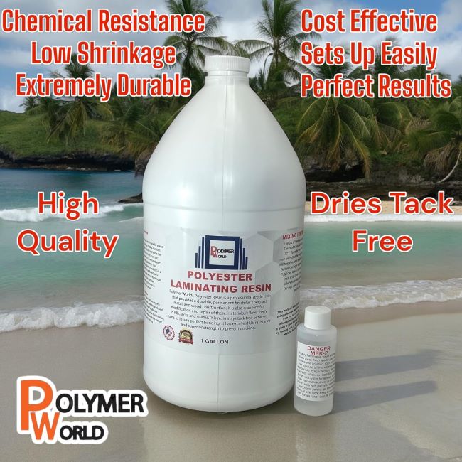 Polymer World premium polyester resin kit with MEKP designed for boats, surfboards, RVs, and watercraft repairs
