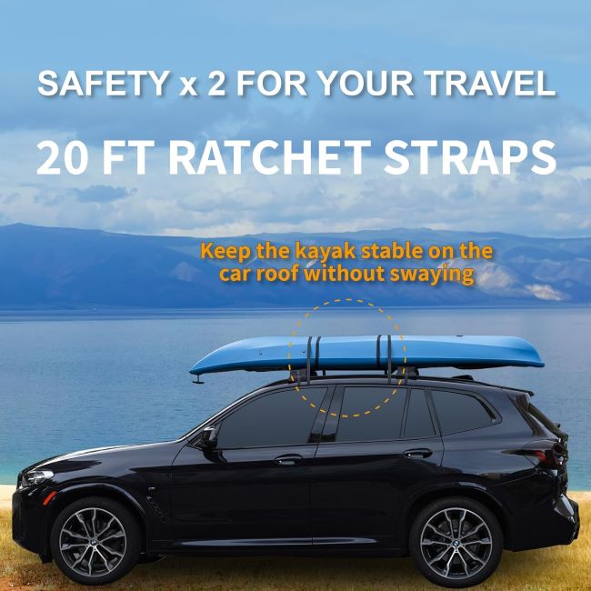 SELERETE universal soft roof rack pads with straps and loops for safe surfboard, SUP, and kayak transportation