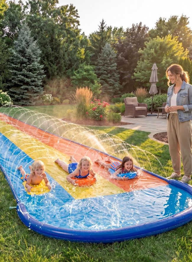 Sloosh triple water slide with three bodyboards and advanced sprinkler system for kids and family backyard fun