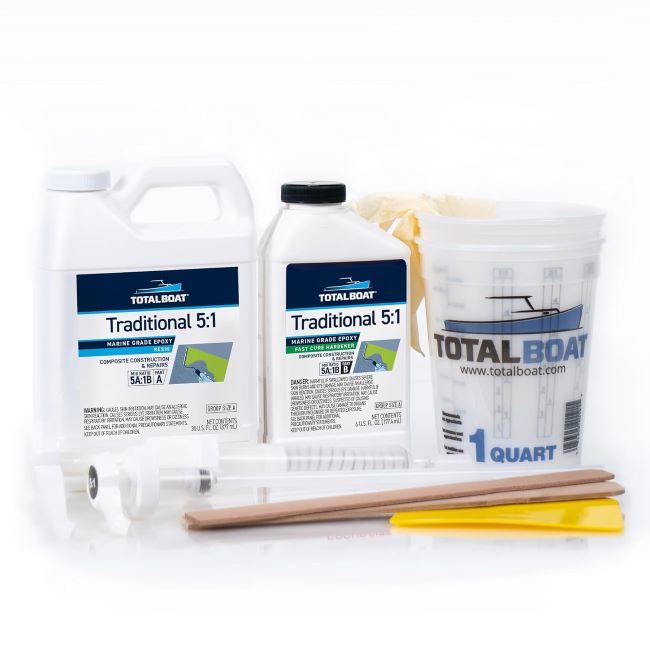 TotalBoat 5:1 marine epoxy resin kit with fast hardener and pumps for fiberglass, wood, carbon fiber, and repair projects