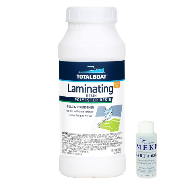 TotalBoat marine-grade polyester laminating resin with MEKP catalyst for fiberglass layups and repair work