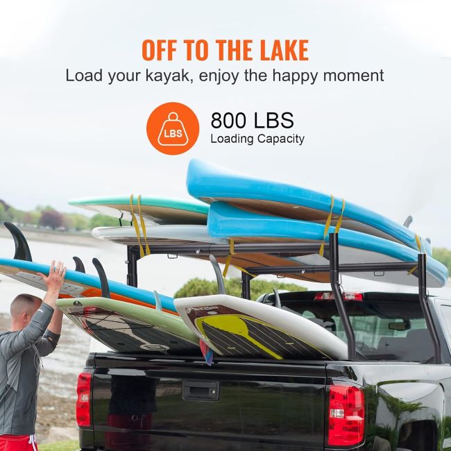VEVOR extendable steel truck ladder rack with high load capacity for kayaks, surfboards, ladders, and heavy cargo