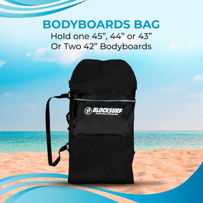 BLOCKSURF heavy-duty waterproof bodyboard bag holding up to two boards, featuring backpack straps and extra storage pockets for gear