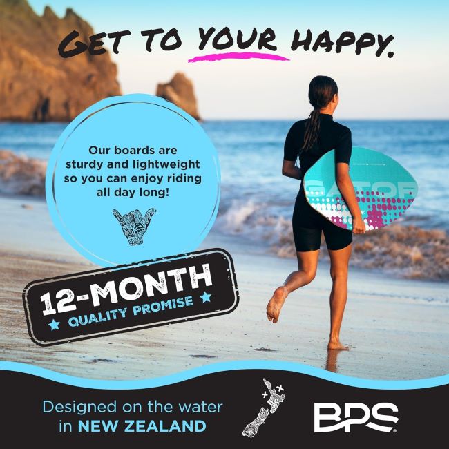 BPS New Zealand Gator skimboard with EVA grip pad and high-gloss coating, available in multiple sizes for kids and adult riders
