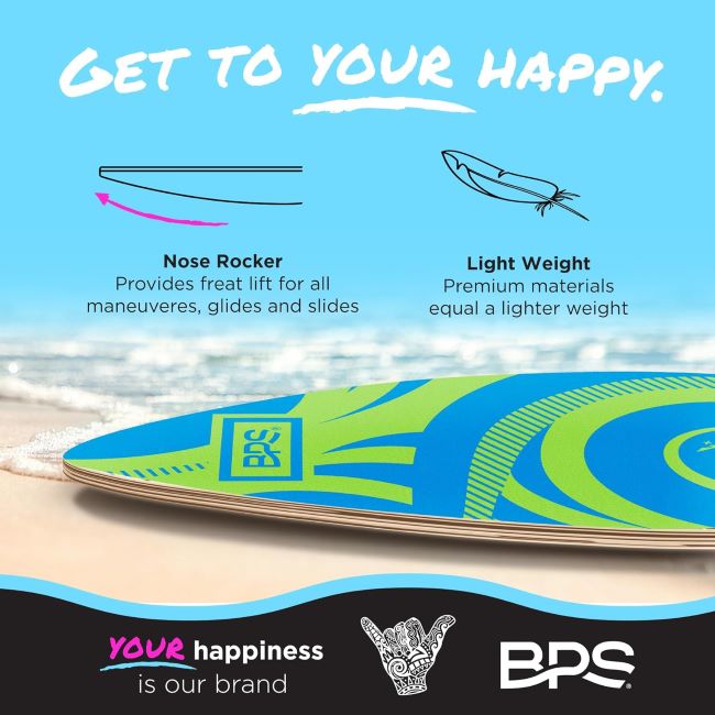 BPS New Zealand Koru wooden skimboard featuring a durable high-gloss finish and colored traction pad for smooth beach rides and tricks