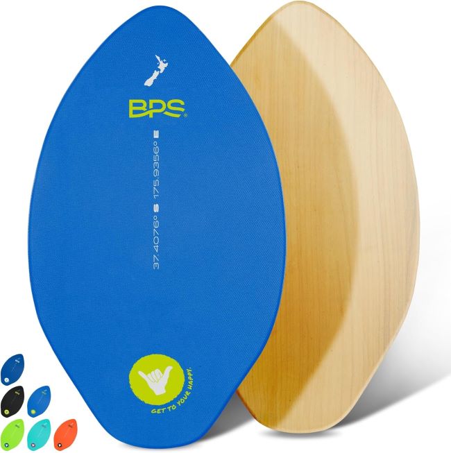 BPS New Zealand Shaka skimboard with EVA traction pads and polished wood construction, built for beach adventures and recreational skimboarding