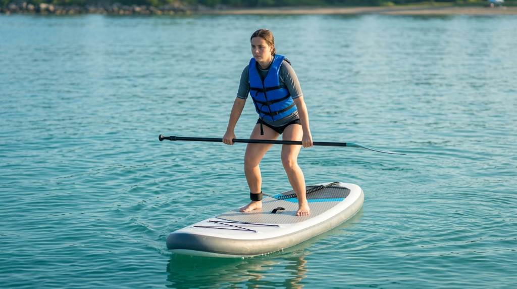Beginner paddleboarding on calm water with a wide stand-up paddleboard