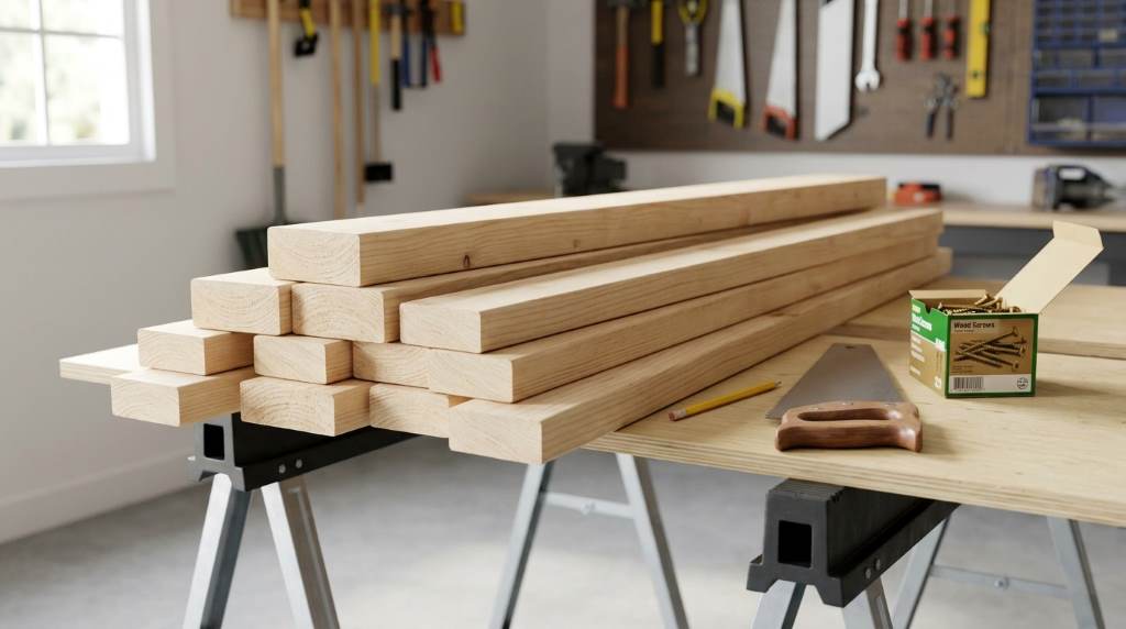 DIY wooden surfboard stand with natural finish in a living room
