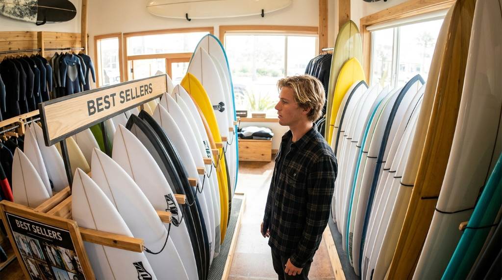 Group of surfers with different types of surfboards at a popular surf spot