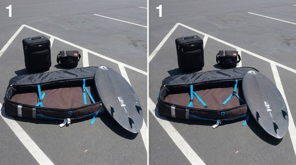 Organized skimboard travel gear inside a padded bag