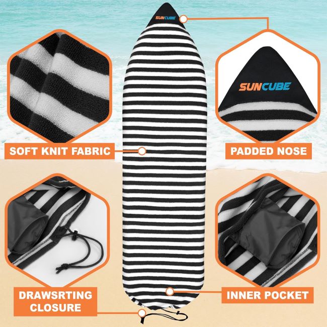 SUN CUBE stretch surfboard sock cover sleeve designed to protect longboards, hybrids, and skimboards from scratches and minor impact