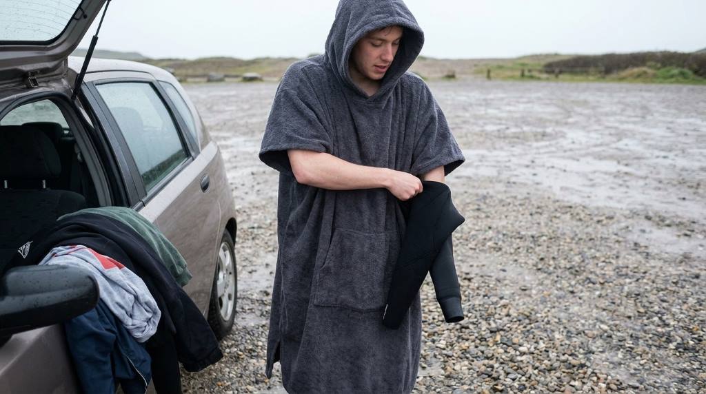 Surf poncho hanging to dry in the sun after use