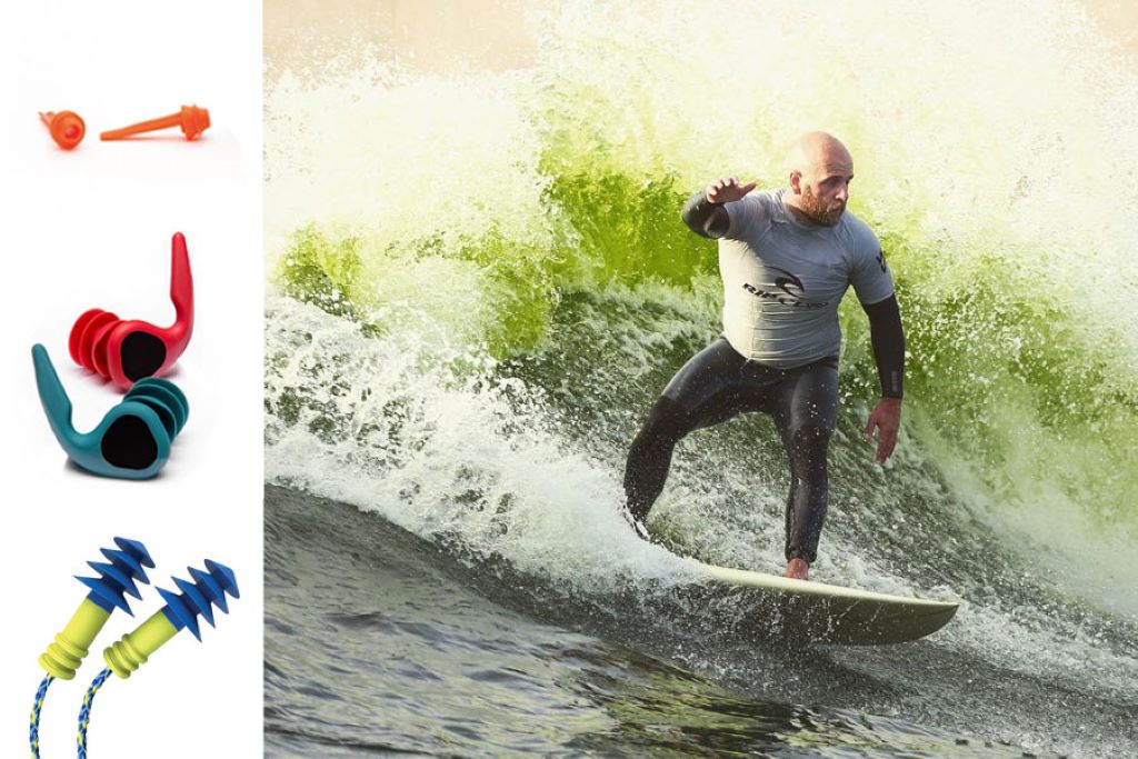 Surfer wearing ear plugs while riding ocean waves to protect ears from water exposure