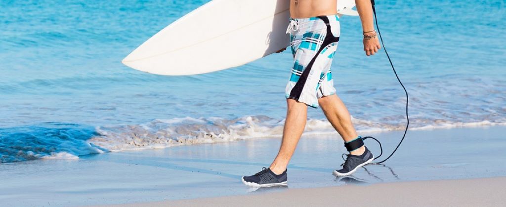 Close-up of waterproof aqua shoes with non-slip sole for water sports and beach use