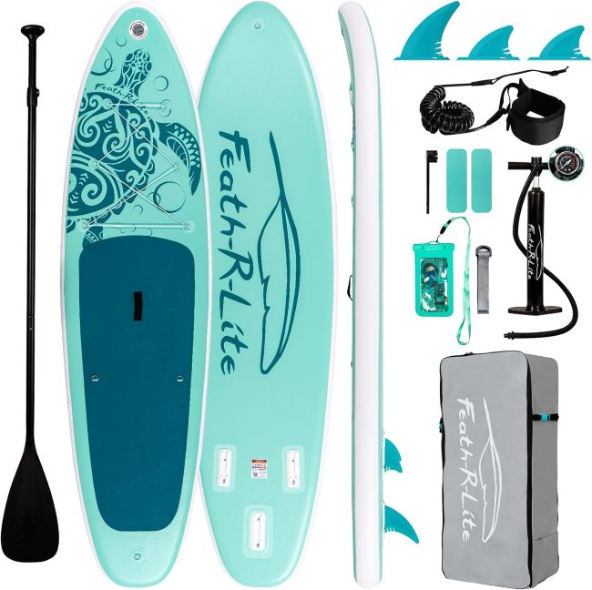 FEATH-R-LITE inflatable stand up paddle board on a South Carolina beach with paddle and accessories