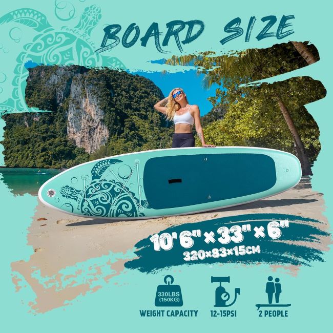 FEATH-R-LITE SUP featuring a non-slip deck, adjustable paddle, pump, and carrying backpack
