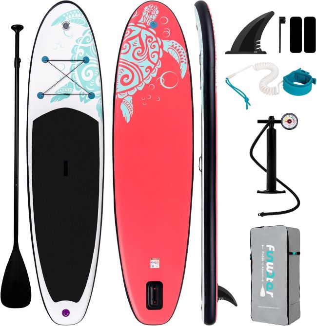 FunWater inflatable stand up paddle board on an Oregon lake with paddle, pump, and travel backpack