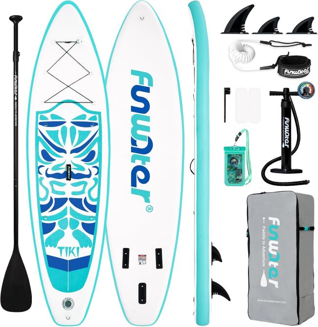 FunWater inflatable stand up paddle board on a North Carolina lake with paddle, pump, and travel backpack