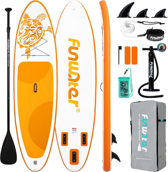 FunWater inflatable stand-up paddle board with non-slip EVA deck and accessories