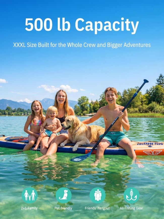 Niphean oversized SUP featuring a wide non-slip deck, paddle, pump, leash, and travel backpack
