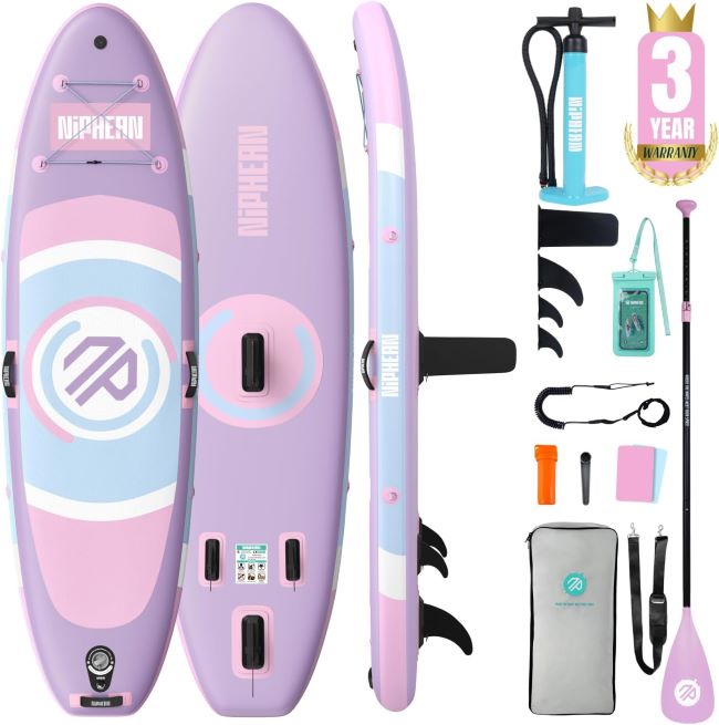 Niphean Ultra-Light inflatable paddle board on a Wyoming lake with paddle and travel backpack