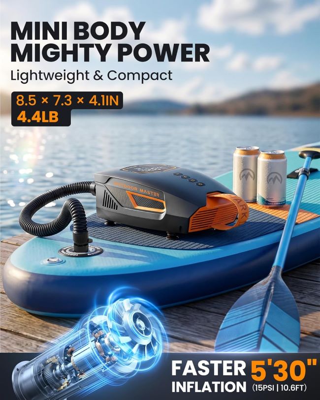 Portable OutdoorMaster Shark 3 Mini SUP pump with automatic shutoff for inflatable boards