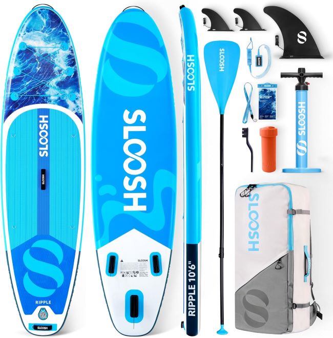 SLOOSH inflatable paddle board on a New York lake with paddle, pump, and carrying backpack