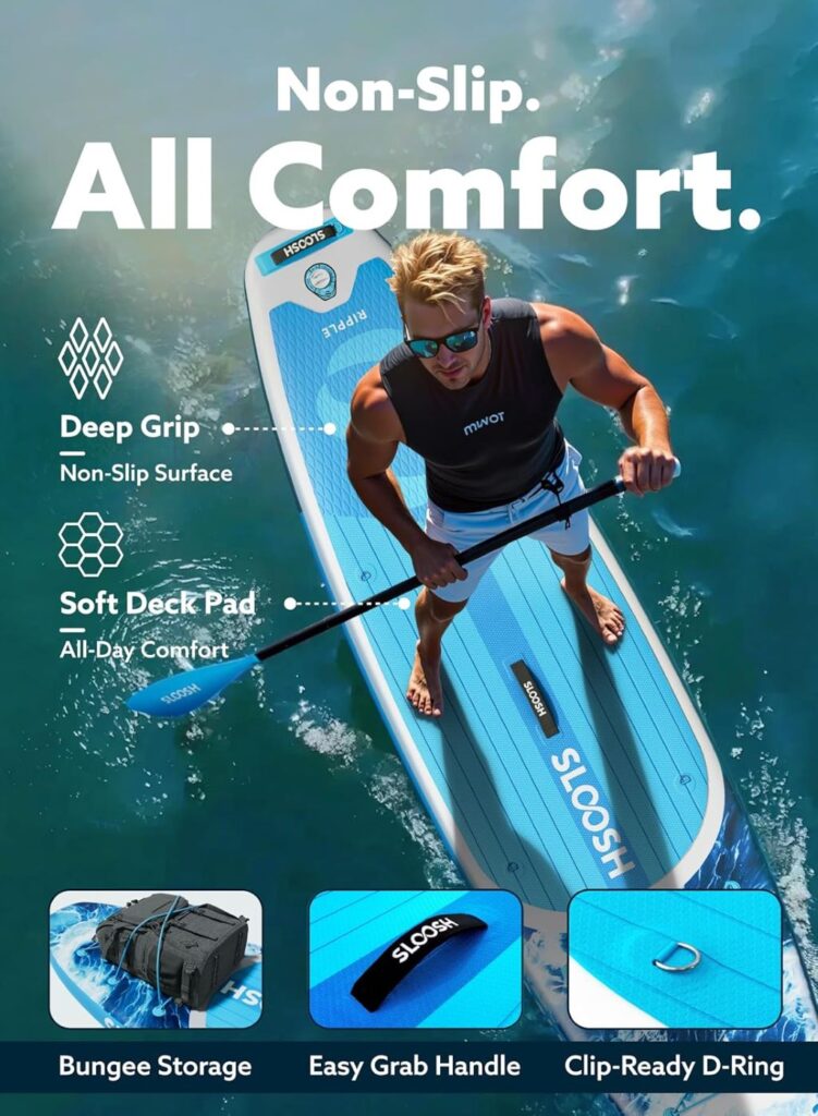 SLOOSH stand up paddle board featuring a non-slip EVA deck for lakes, rivers, and coastal waters