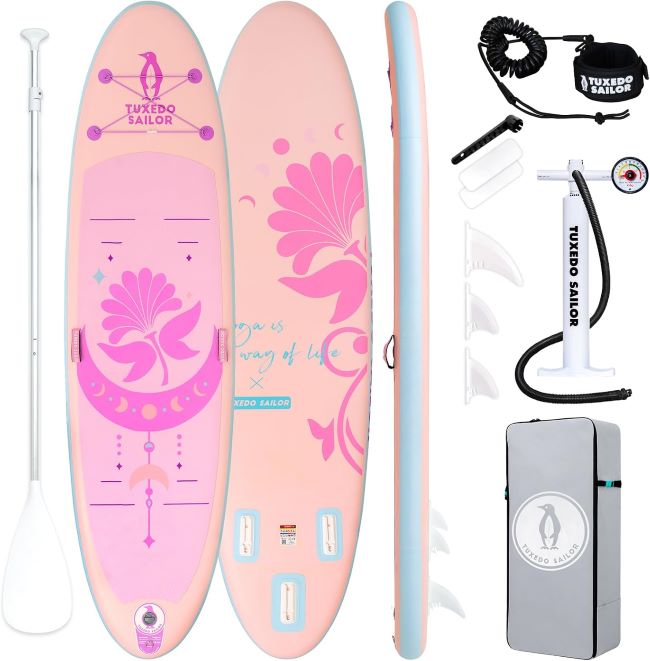 Tuxedo Sailor inflatable stand-up paddle board with complete accessory kit ready for paddling