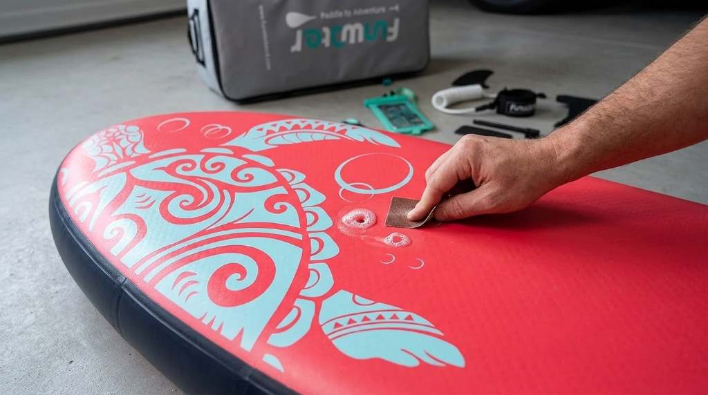 Applying a PVC repair patch on a Funwater stand up paddle board